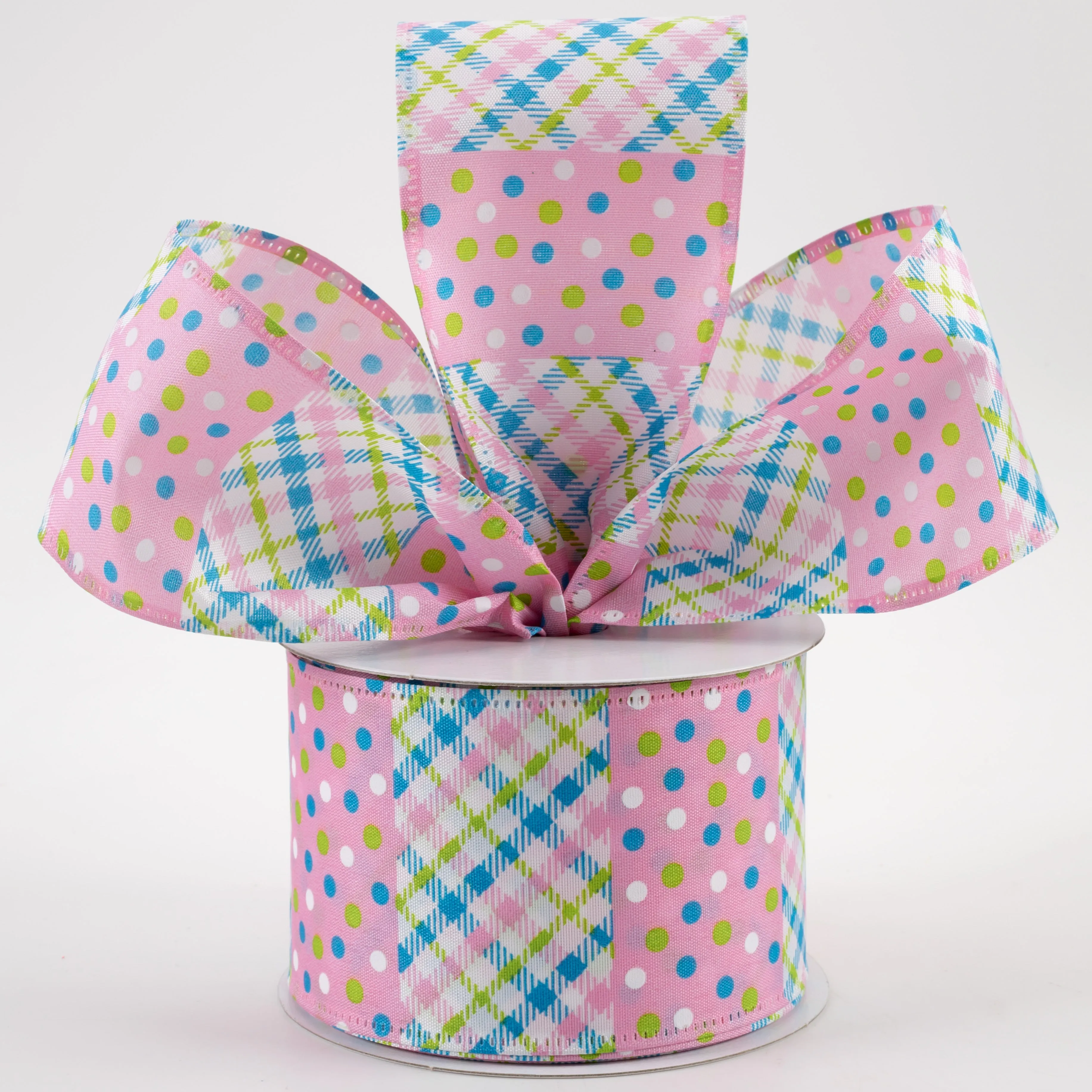 2.5" Argyle & Dot Stripes Ribbon: Pink, Lime, Blue, White (10 Yards)