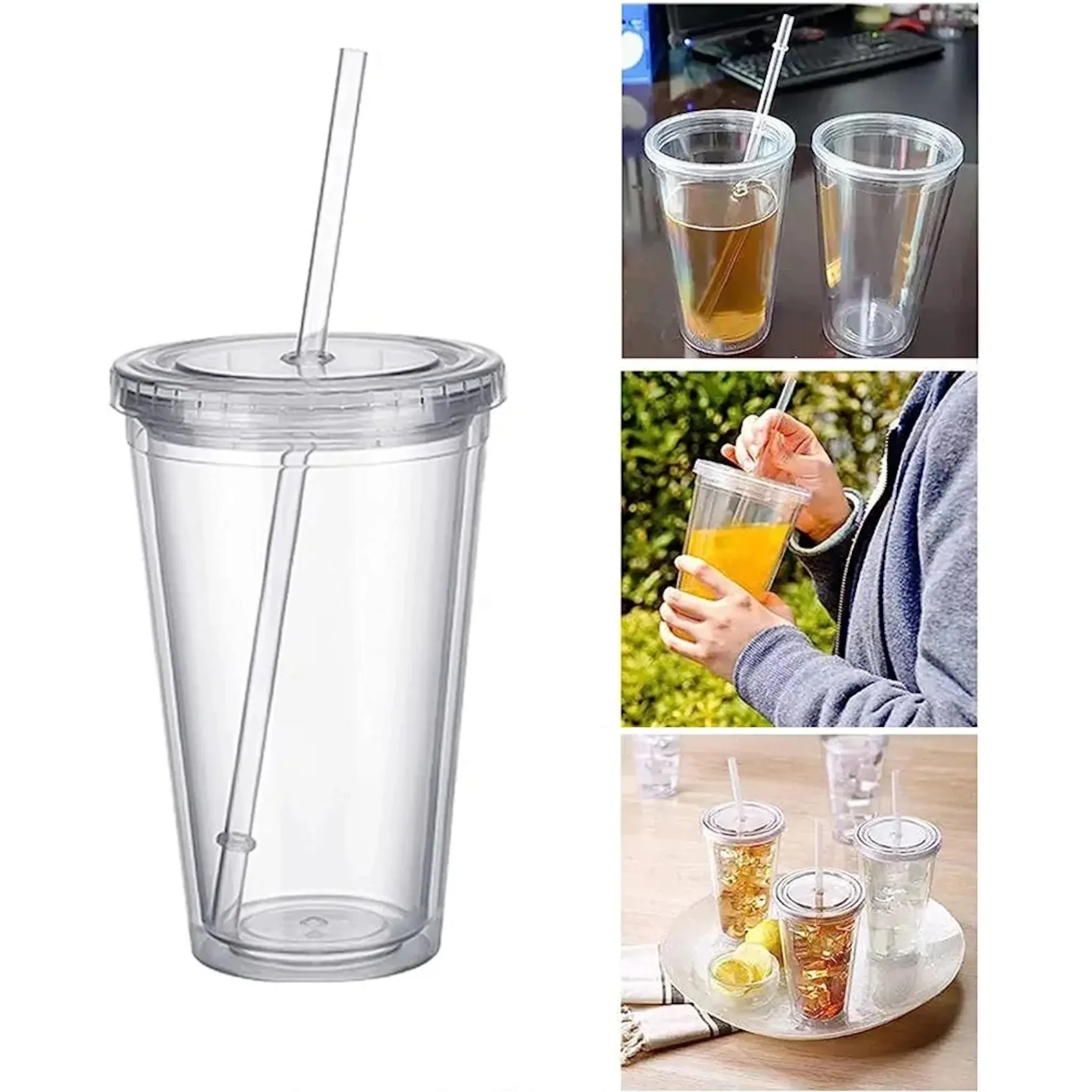 450ml Acrylic Tumbler Double Wall Insulated Cup with Straw