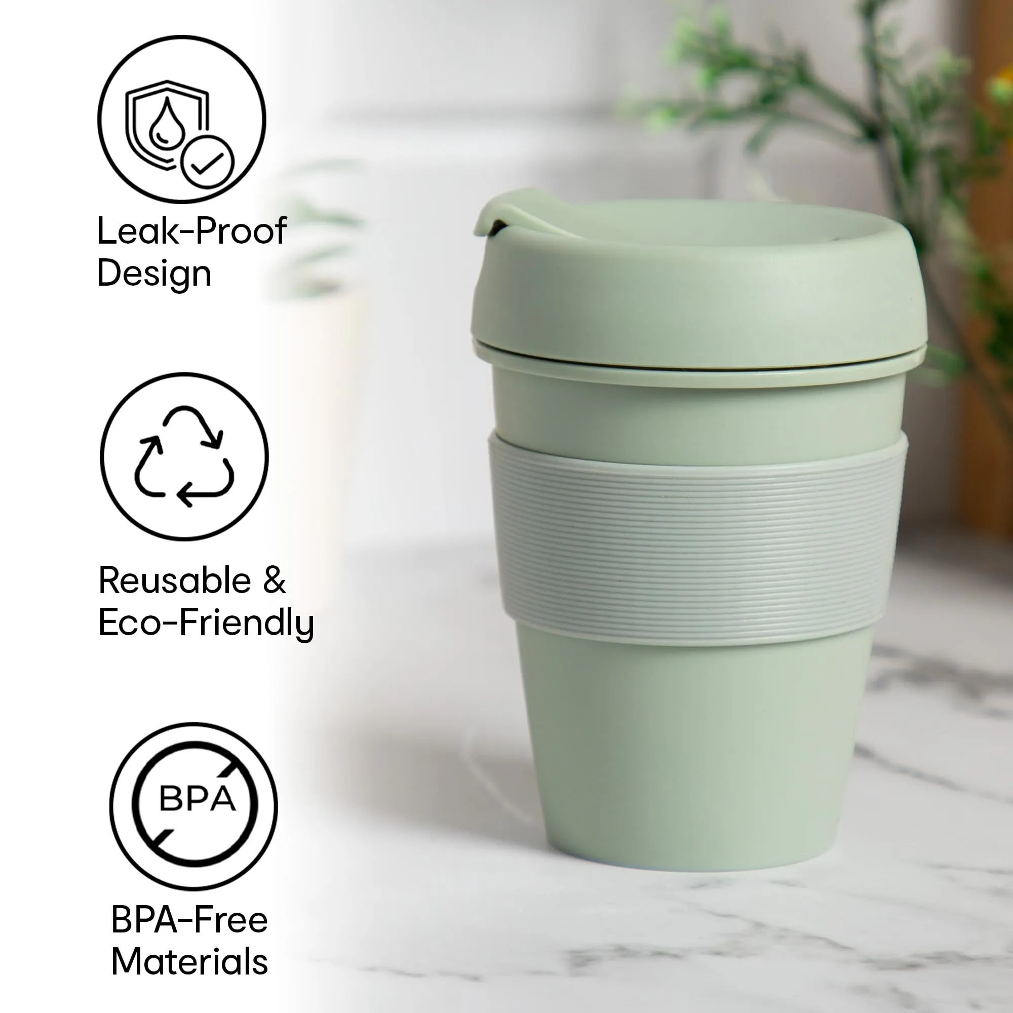 Anko 430ml Reusable Travel Cup |Beverage Sipper | Leak-Proof and Reusable | BPA Free | Ideal for Home, Office, Kitchen, Gifting, Traveling| Dishwasher and Microwave Safe| Sage Green | Set of 2