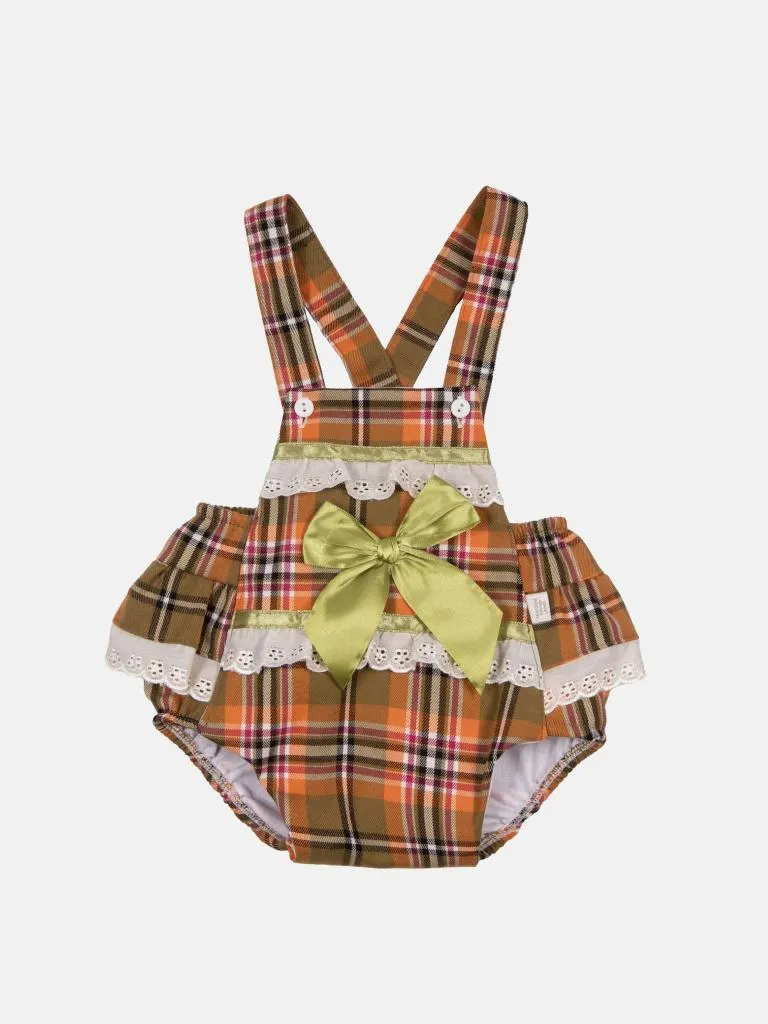 Baby Girl Luxury Tartan Romper - Orange with Green Bow