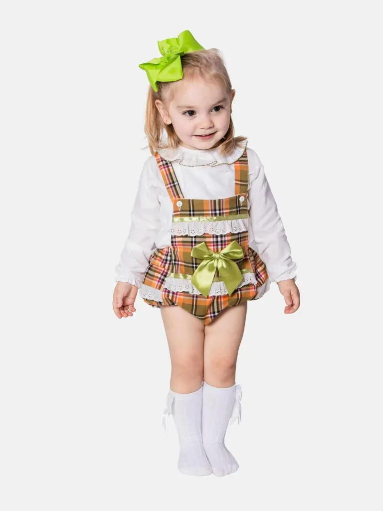 Baby Girl Luxury Tartan Romper - Orange with Green Bow