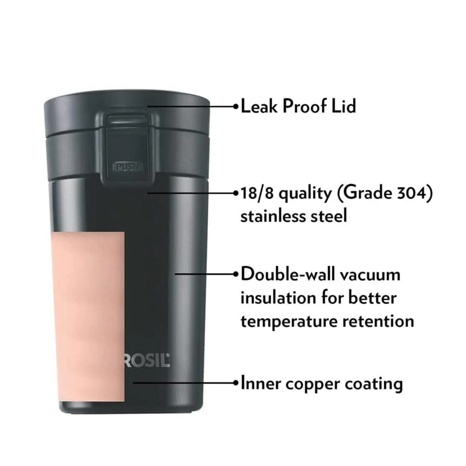 Borosil Hydra Vacuum Insulated 300 ml Coffeemate Stainless Steel Travel Mug, Spill Proof