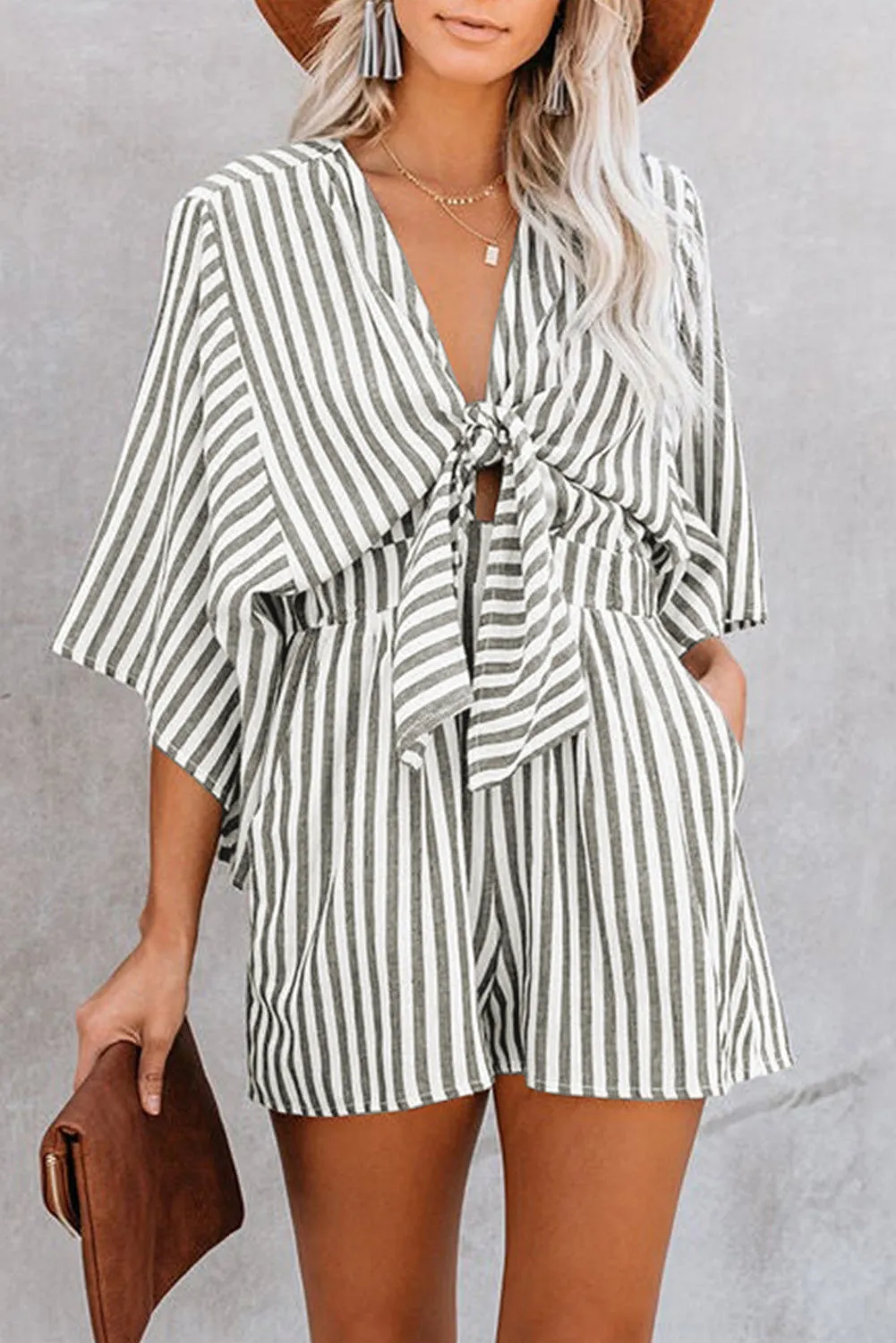 Bow Striped Kimono Sleeve Romper