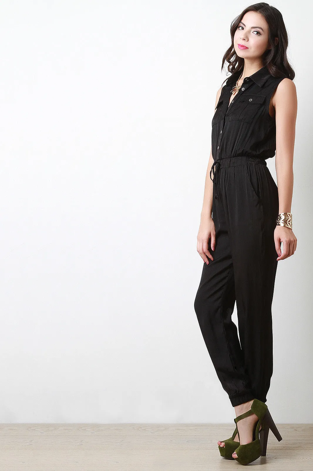 Button Up Drawstring Sleeveless Jumpsuit