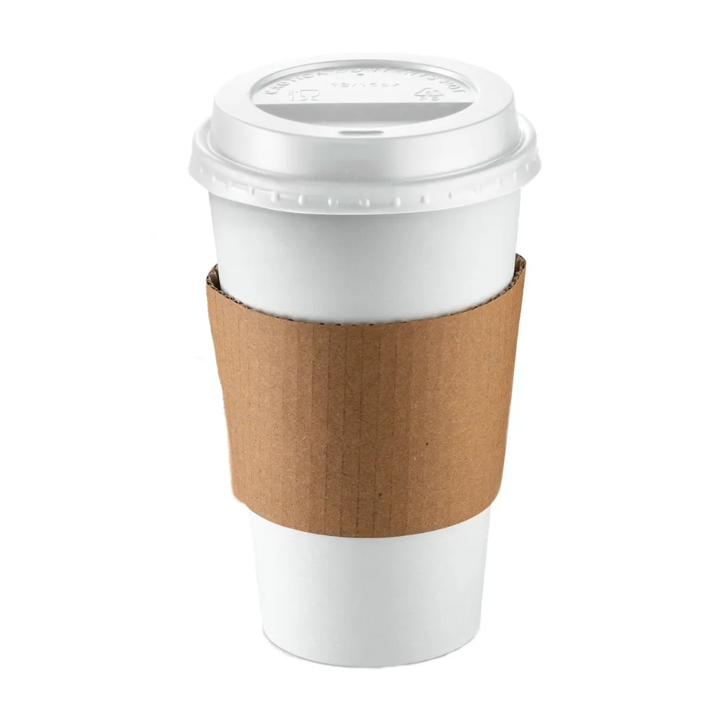 [Case of 300] Comfy Package 16 oz. Disposable White Coffee Cups with White Lids, Sleeves - To Go Paper Hot Cups