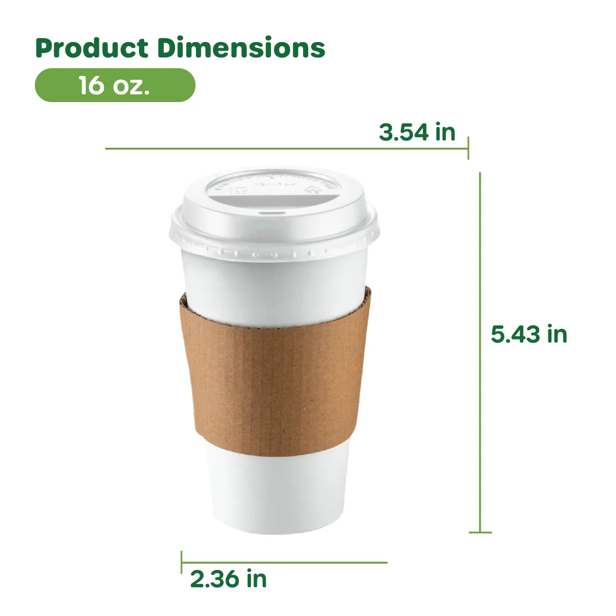 [Case of 300] Comfy Package 16 oz. Disposable White Coffee Cups with White Lids, Sleeves - To Go Paper Hot Cups