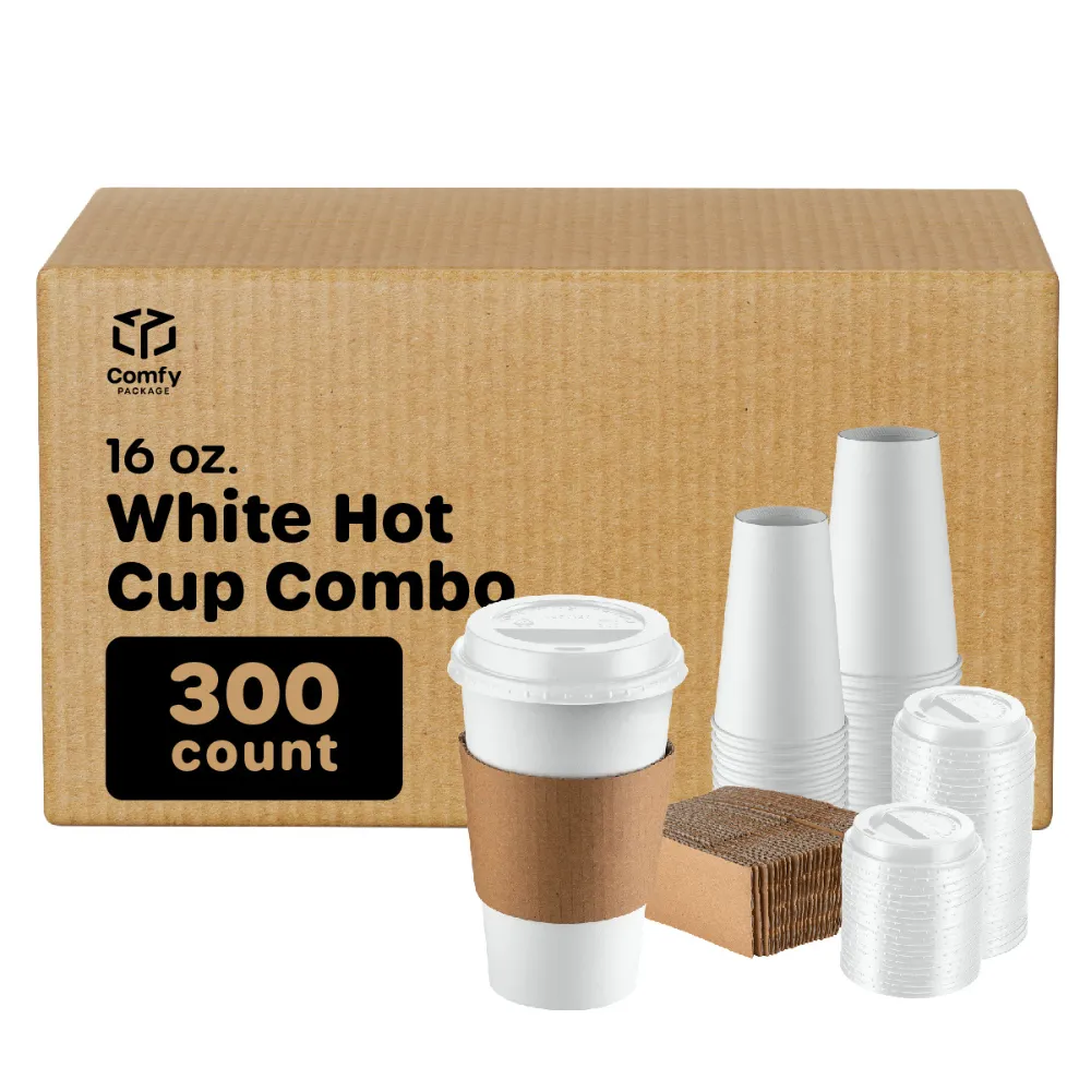 [Case of 300] Comfy Package 16 oz. Disposable White Coffee Cups with White Lids, Sleeves - To Go Paper Hot Cups