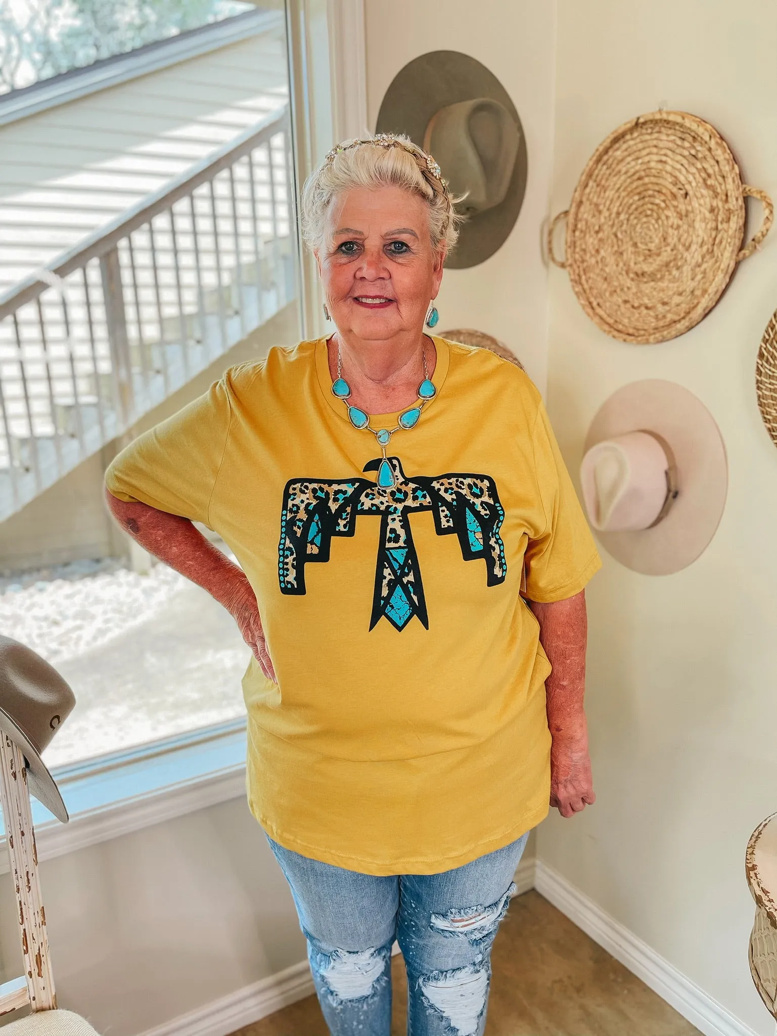 Cherokee Hills Turquoise Leopard Thunderbird Short Sleeve Graphic Tee in Mustard Yellow