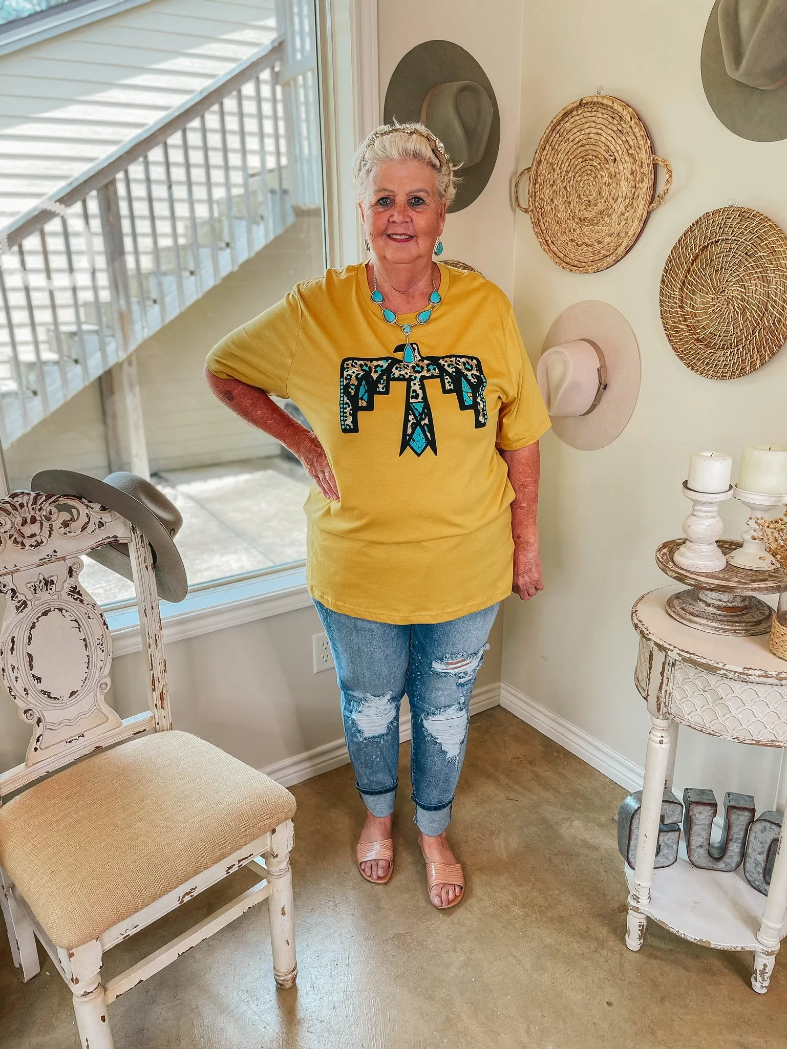 Cherokee Hills Turquoise Leopard Thunderbird Short Sleeve Graphic Tee in Mustard Yellow