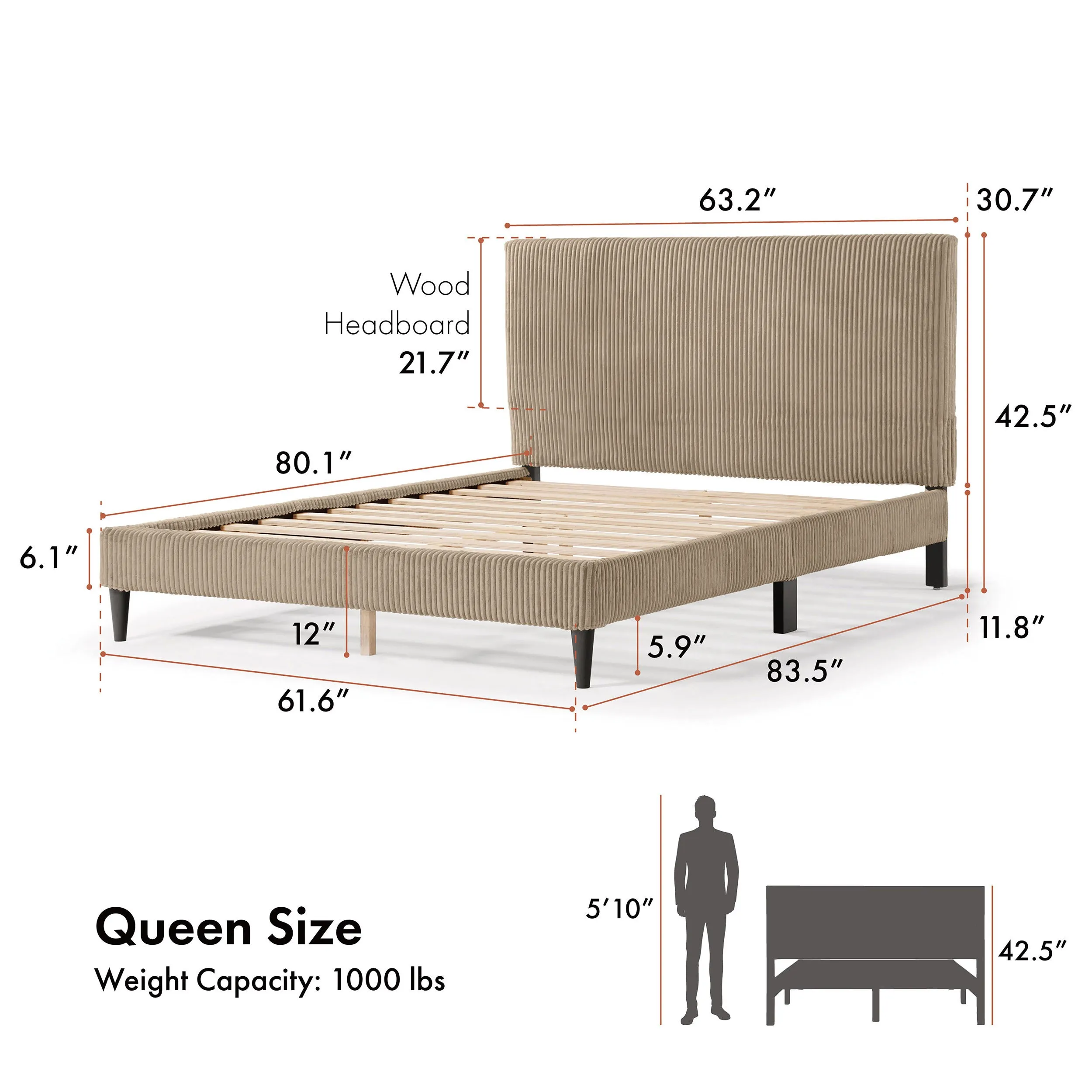 Claude Modern Queen Size Corduroy Washable Bed Slipcover, Bed Headboard & Frame Cover Only