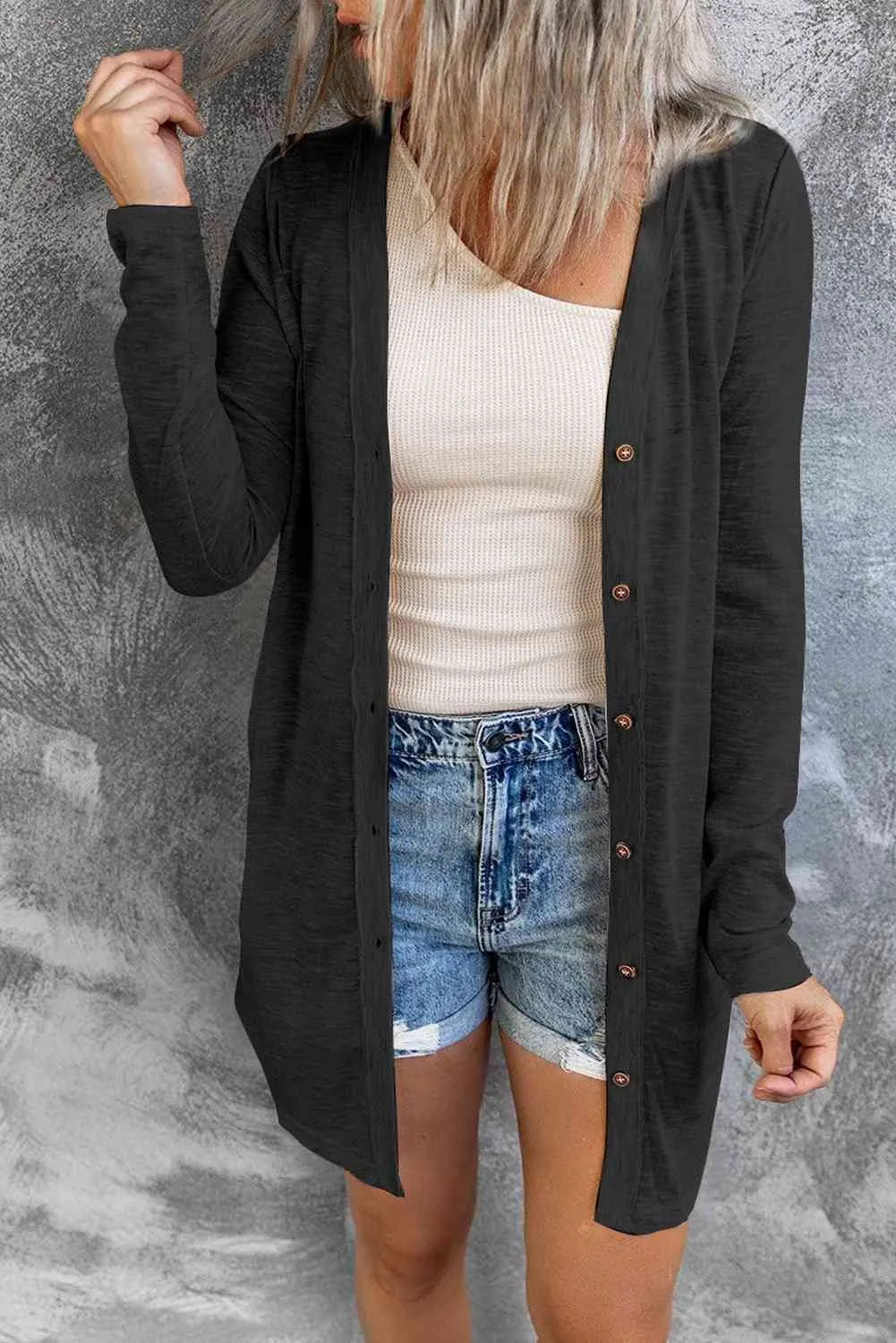 Double Take Button Down Long Sleeve Longline Cardigan