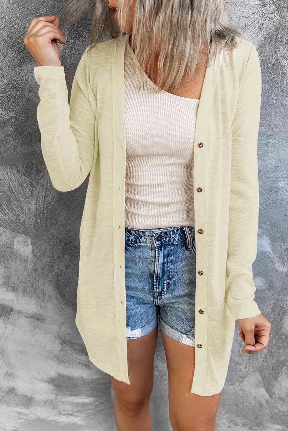 Double Take Button Down Long Sleeve Longline Cardigan