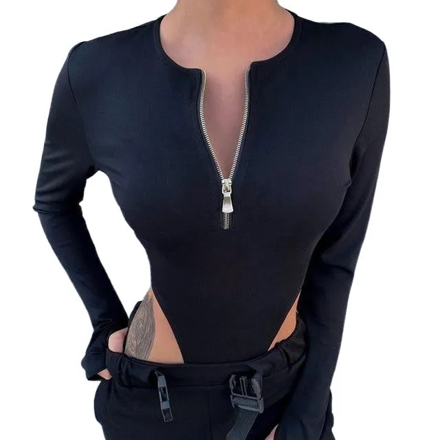 Fashionable Sexy Ladies' Zippered Long/Short Sleeve Cotton Bodysuits Black