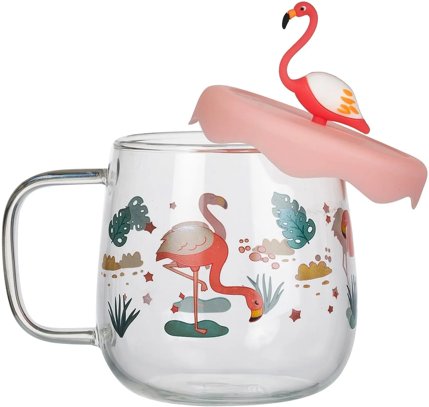 GRETZOMALL Glass Cute Printed Cup Mug with Handle | 3D Flamingo Character Transparent Mug with Straw and Rubber Lid Mug for Kids, Youngsters and Adult for Drinking Milk, Coffee, Smoothie, Tea etc