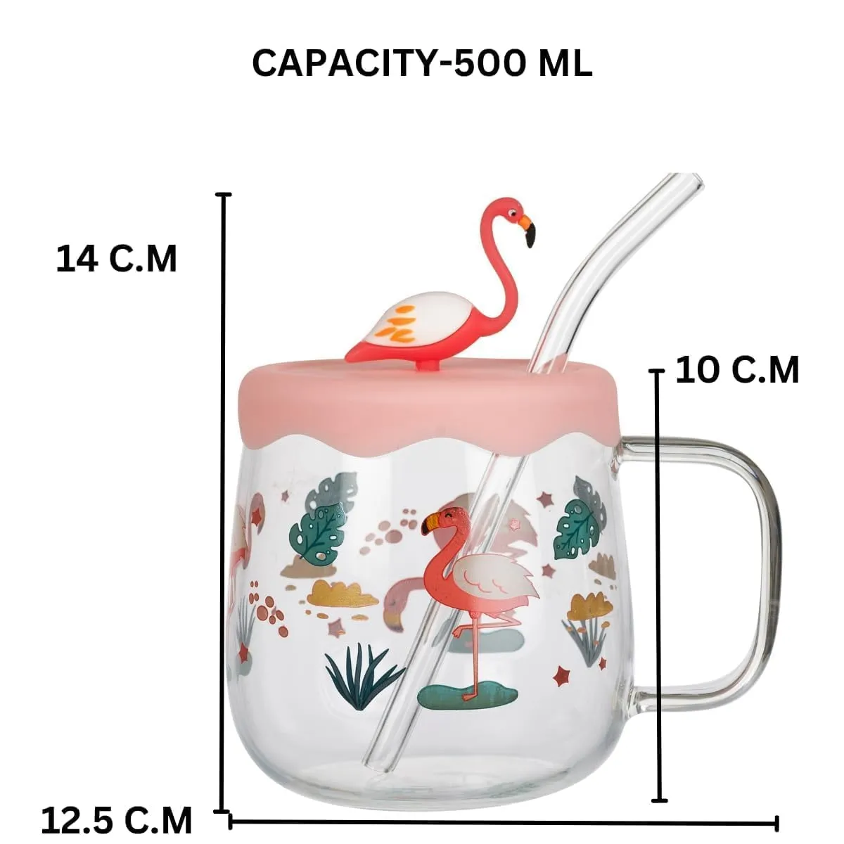 GRETZOMALL Glass Cute Printed Cup Mug with Handle | 3D Flamingo Character Transparent Mug with Straw and Rubber Lid Mug for Kids, Youngsters and Adult for Drinking Milk, Coffee, Smoothie, Tea etc