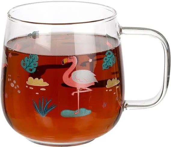 GRETZOMALL Glass Cute Printed Cup Mug with Handle | 3D Flamingo Character Transparent Mug with Straw and Rubber Lid Mug for Kids, Youngsters and Adult for Drinking Milk, Coffee, Smoothie, Tea etc