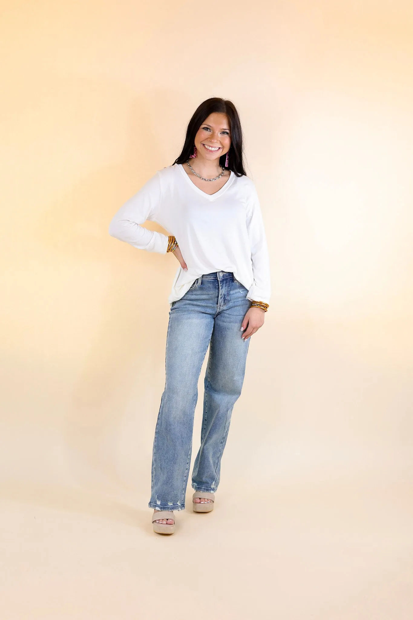 It's That Simple Solid V Neck Long Sleeve Tee in Ivory