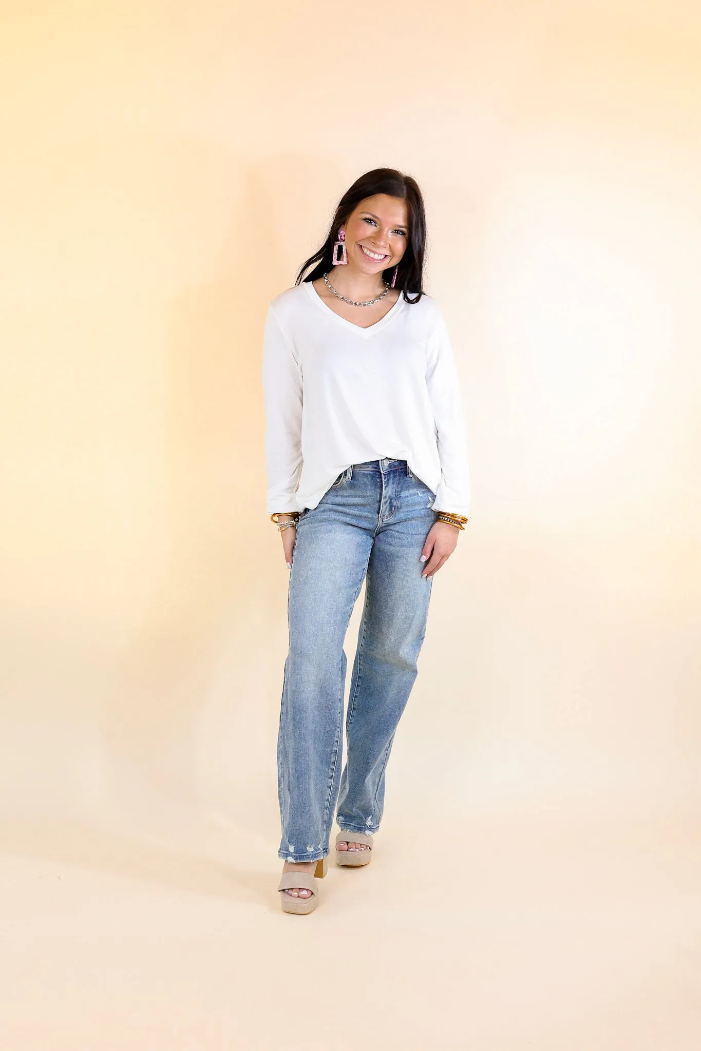 It's That Simple Solid V Neck Long Sleeve Tee in Ivory