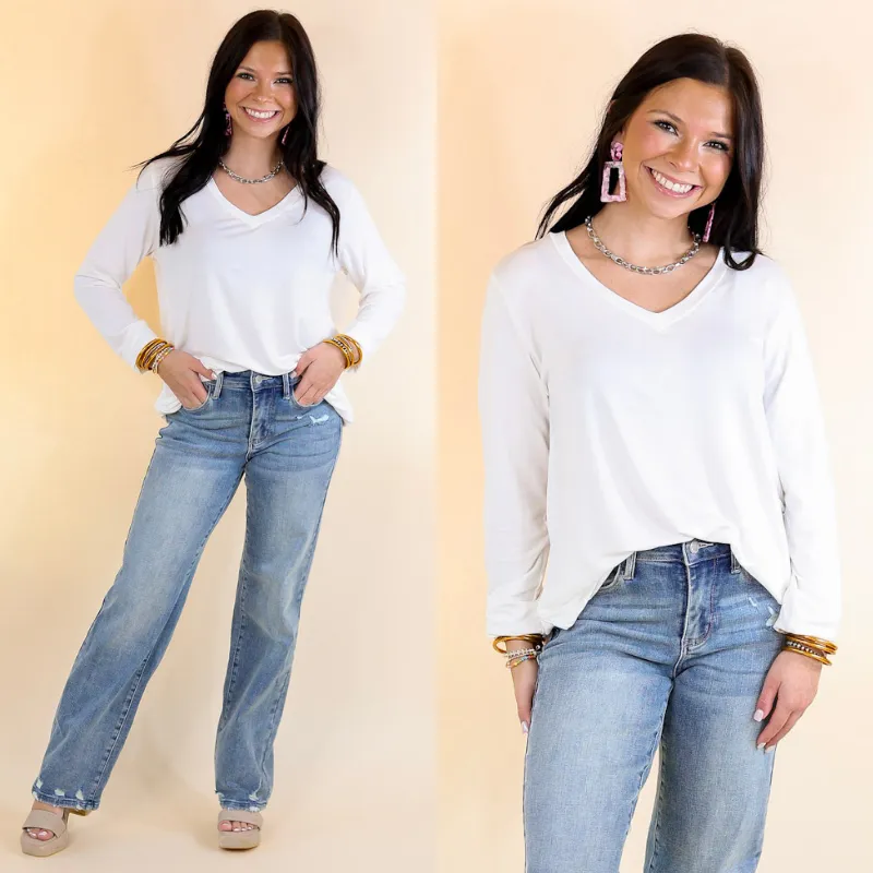 It's That Simple Solid V Neck Long Sleeve Tee in Ivory