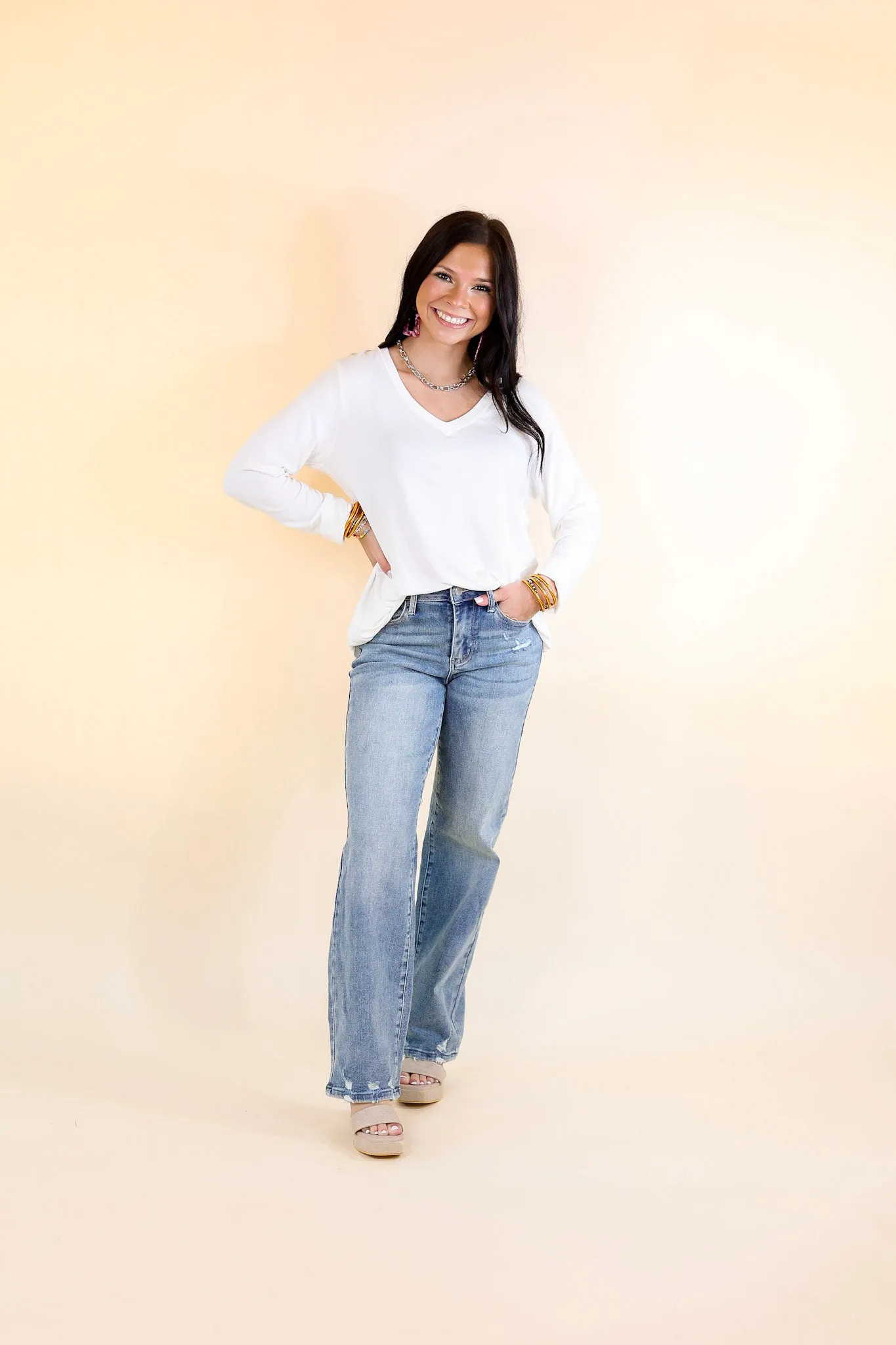 It's That Simple Solid V Neck Long Sleeve Tee in Ivory