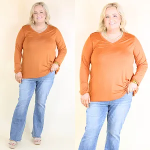 It's That Simple Solid V Neck Long Sleeve Tee in Rust