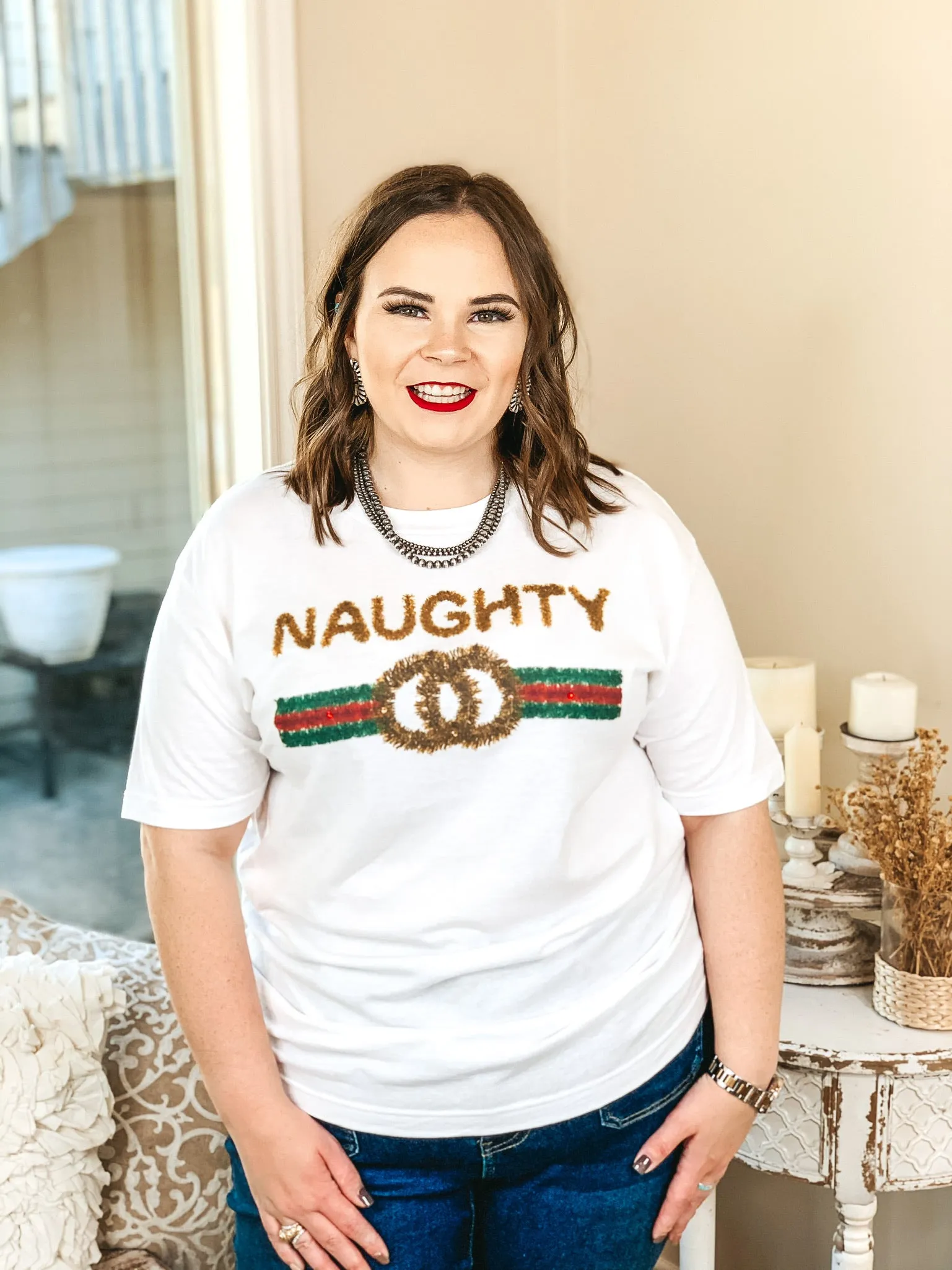 Naughty Gold Tinsel Graphic Tee in White