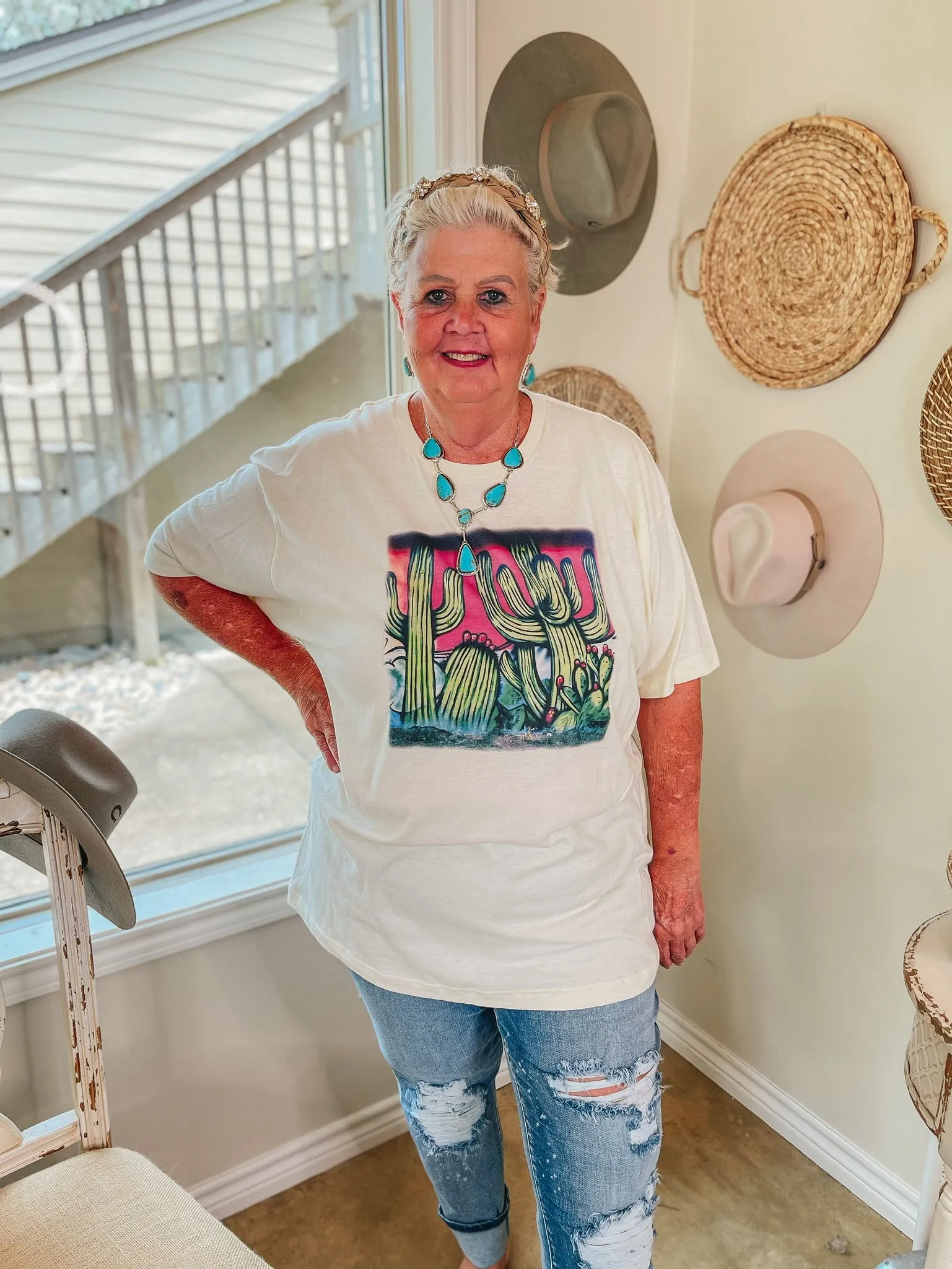 Paint Me in Palm Springs Short Sleeve Airbrush Cactus Graphic Tee in Ivory