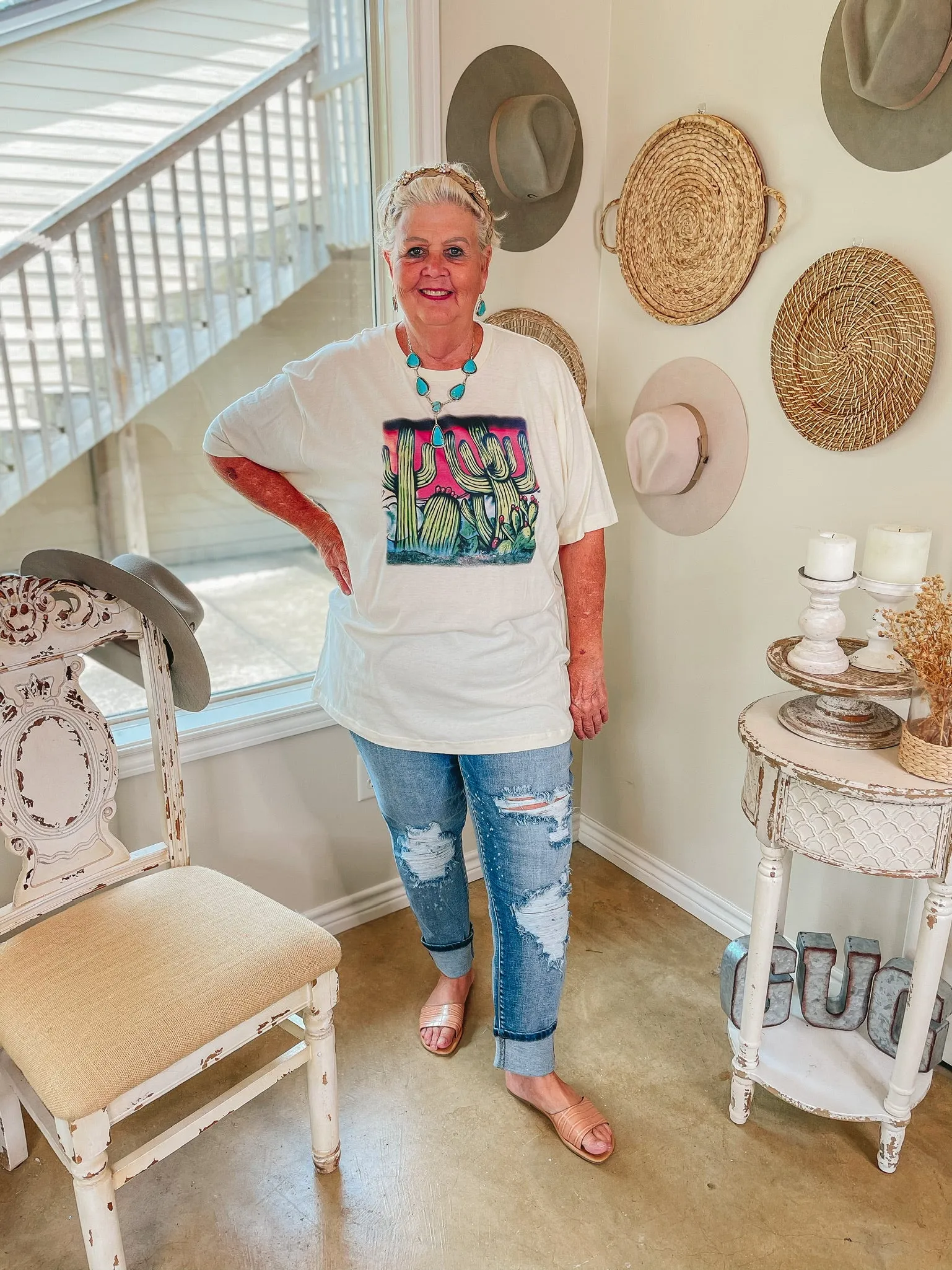 Paint Me in Palm Springs Short Sleeve Airbrush Cactus Graphic Tee in Ivory