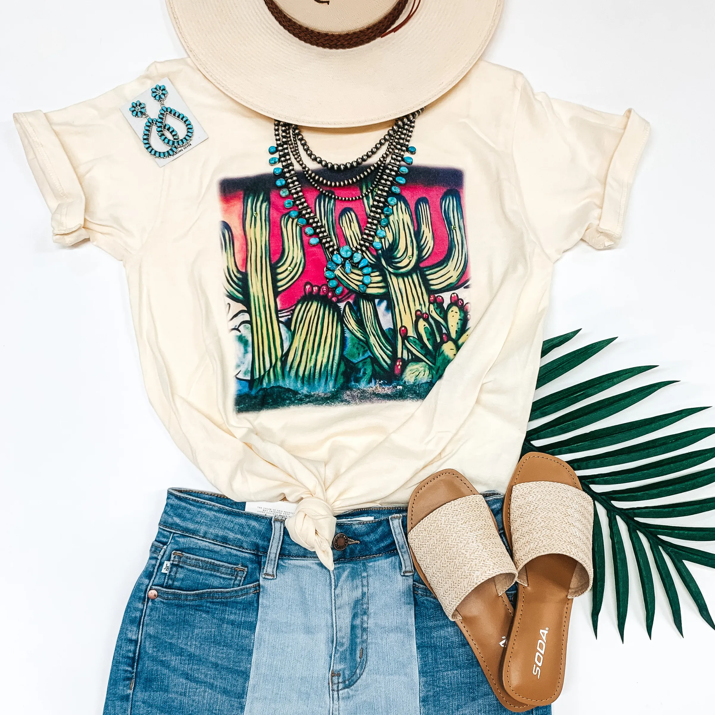 Paint Me in Palm Springs Short Sleeve Airbrush Cactus Graphic Tee in Ivory