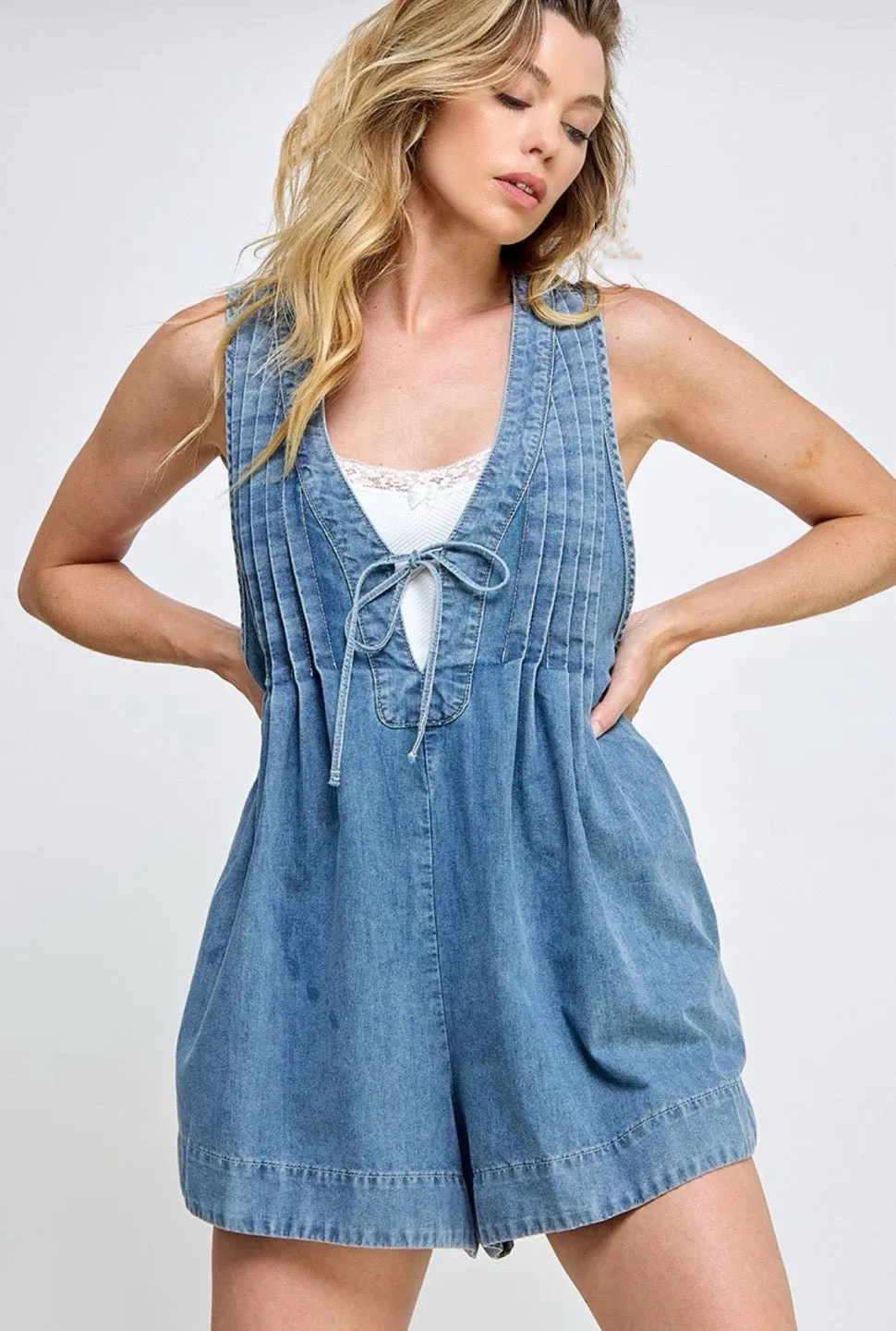 Pleated Denim Tie Bodice Romper