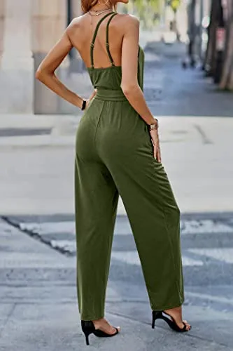 PRETTYGARDEN Women's 2023 Casual Summer Jumpsuits One Shoulder Strap Backless Belted Wide Leg Pants Rompers (Army Green,X-Large)