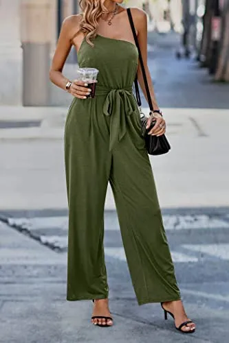 PRETTYGARDEN Women's 2023 Casual Summer Jumpsuits One Shoulder Strap Backless Belted Wide Leg Pants Rompers (Army Green,X-Large)