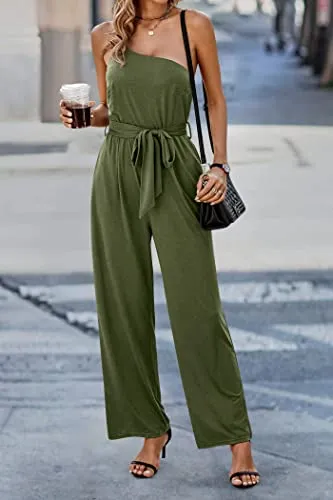 PRETTYGARDEN Women's 2023 Casual Summer Jumpsuits One Shoulder Strap Backless Belted Wide Leg Pants Rompers (Army Green,X-Large)