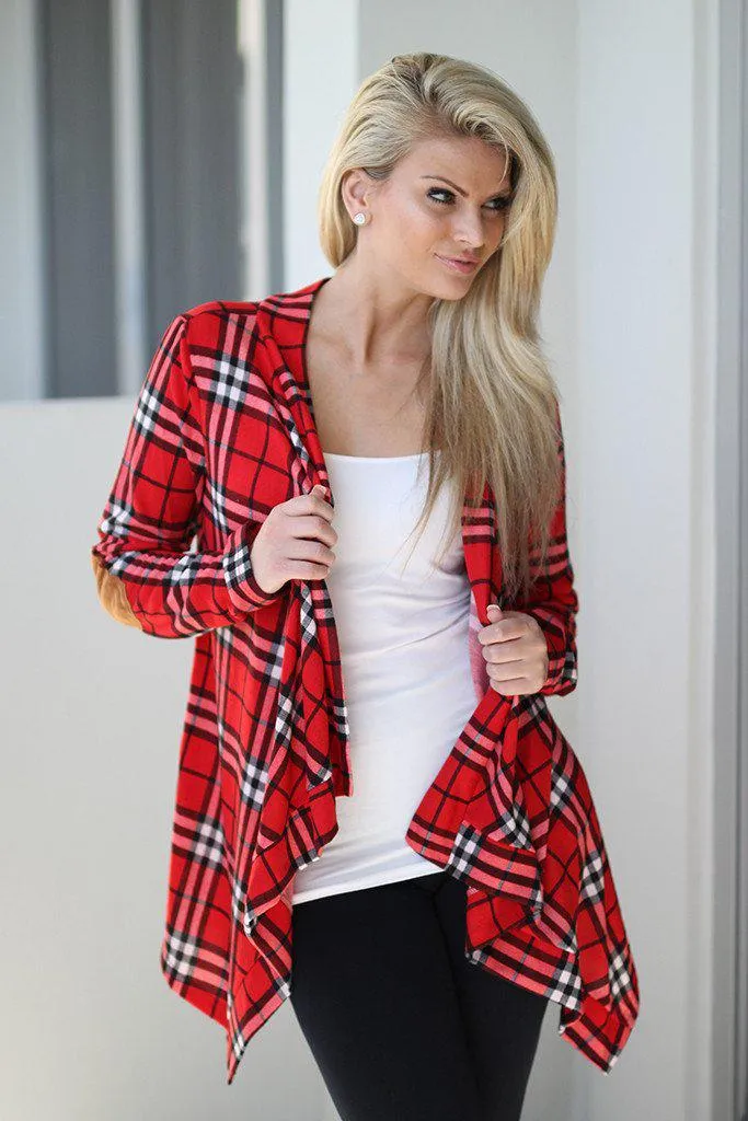 Red Plaid Cardigan With Elbow Patches