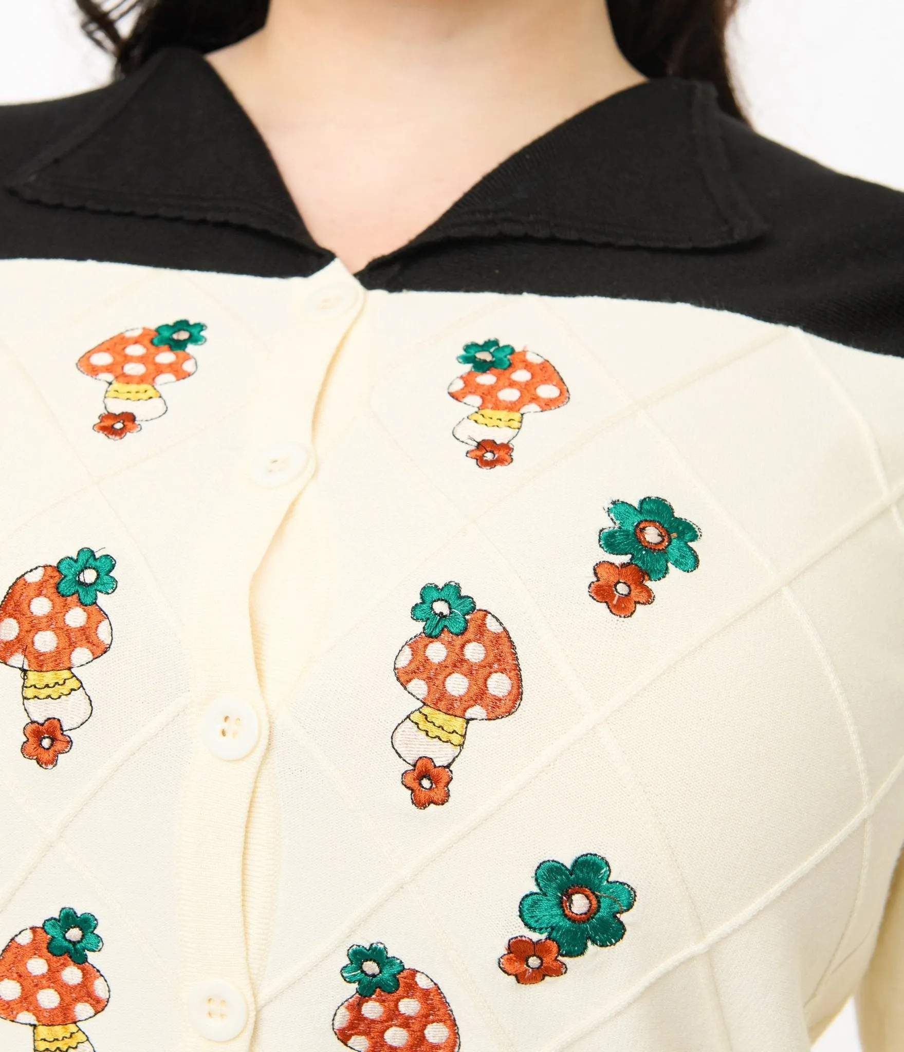 Smak Parlour Plus Size 1960s Ivory & Black Mushroom Embroidered Cardigan