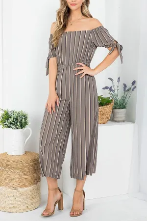 Stripe Off Shoulder Tie Sleeve Jumps