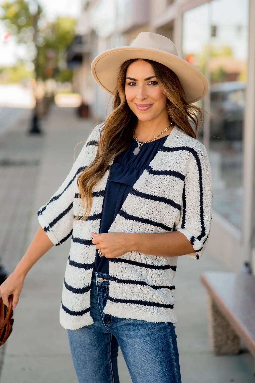 Striped 3/4 Sleeve Knit Cardigan