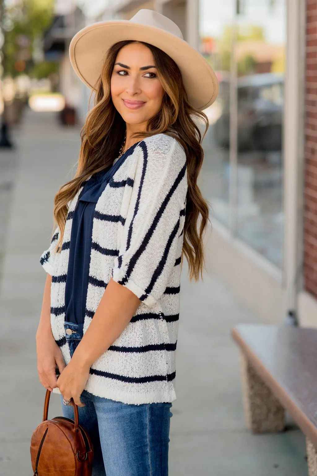 Striped 3/4 Sleeve Knit Cardigan