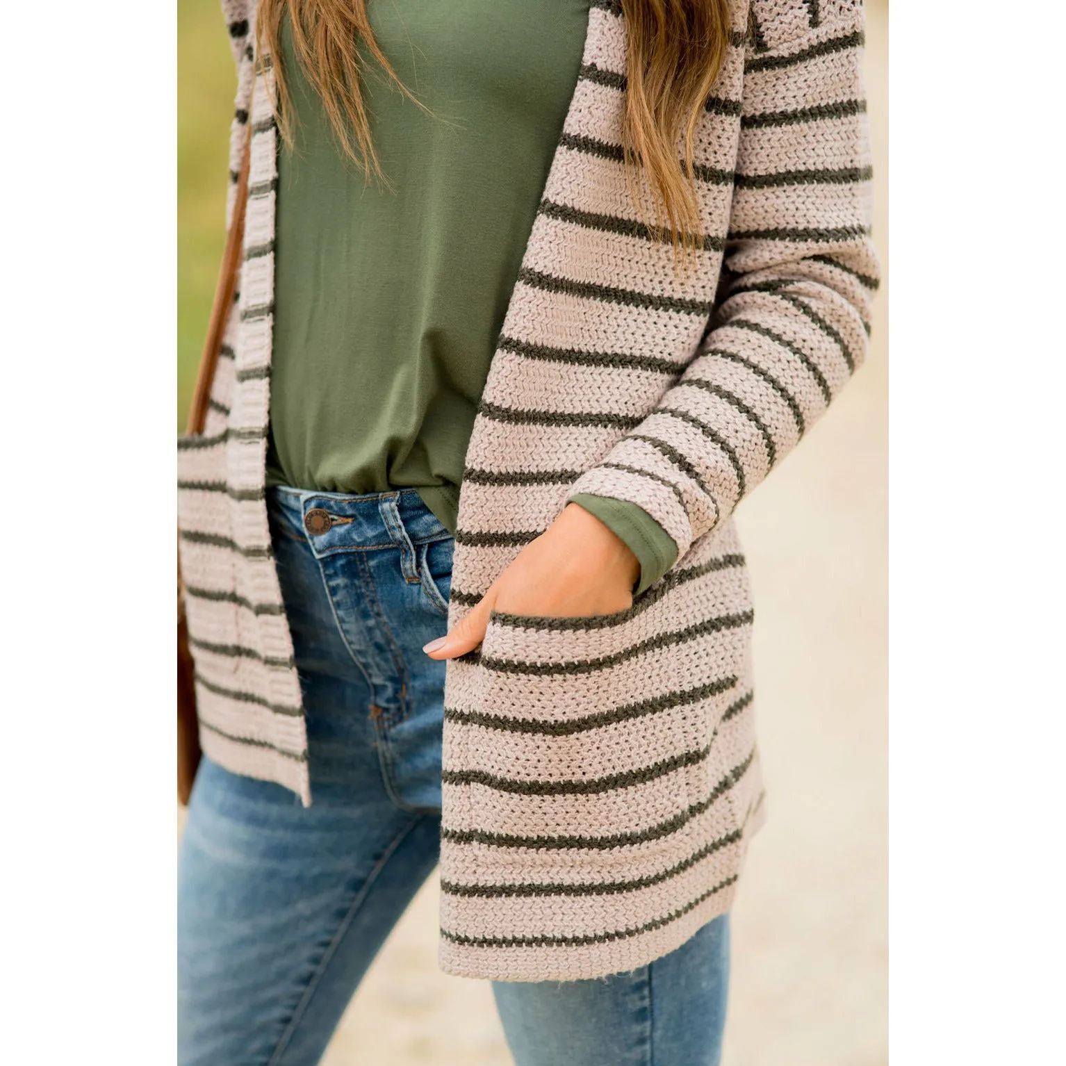 Thin Olive Striped Knit Tunic Cardigan