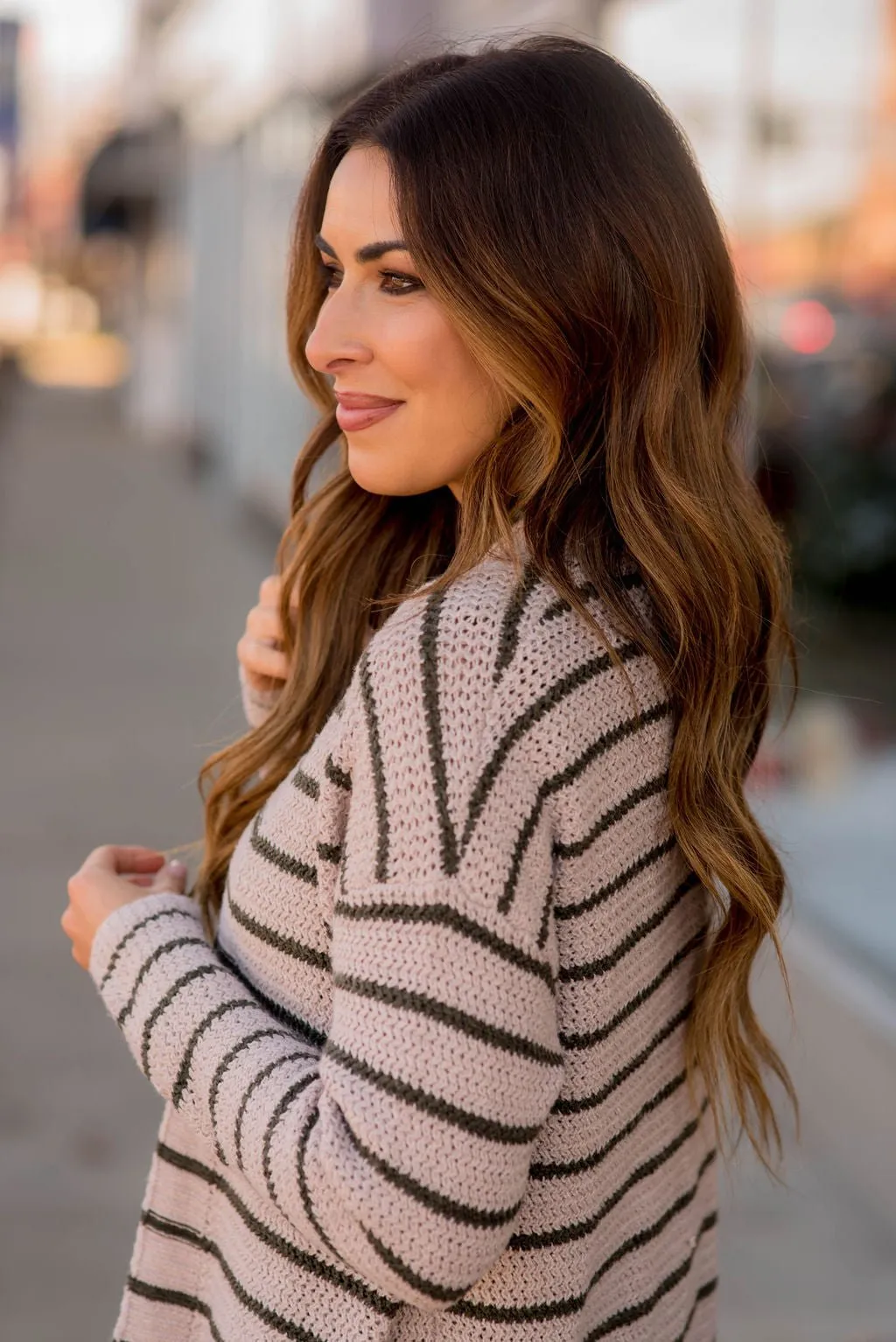 Thin Olive Striped Knit Tunic Cardigan