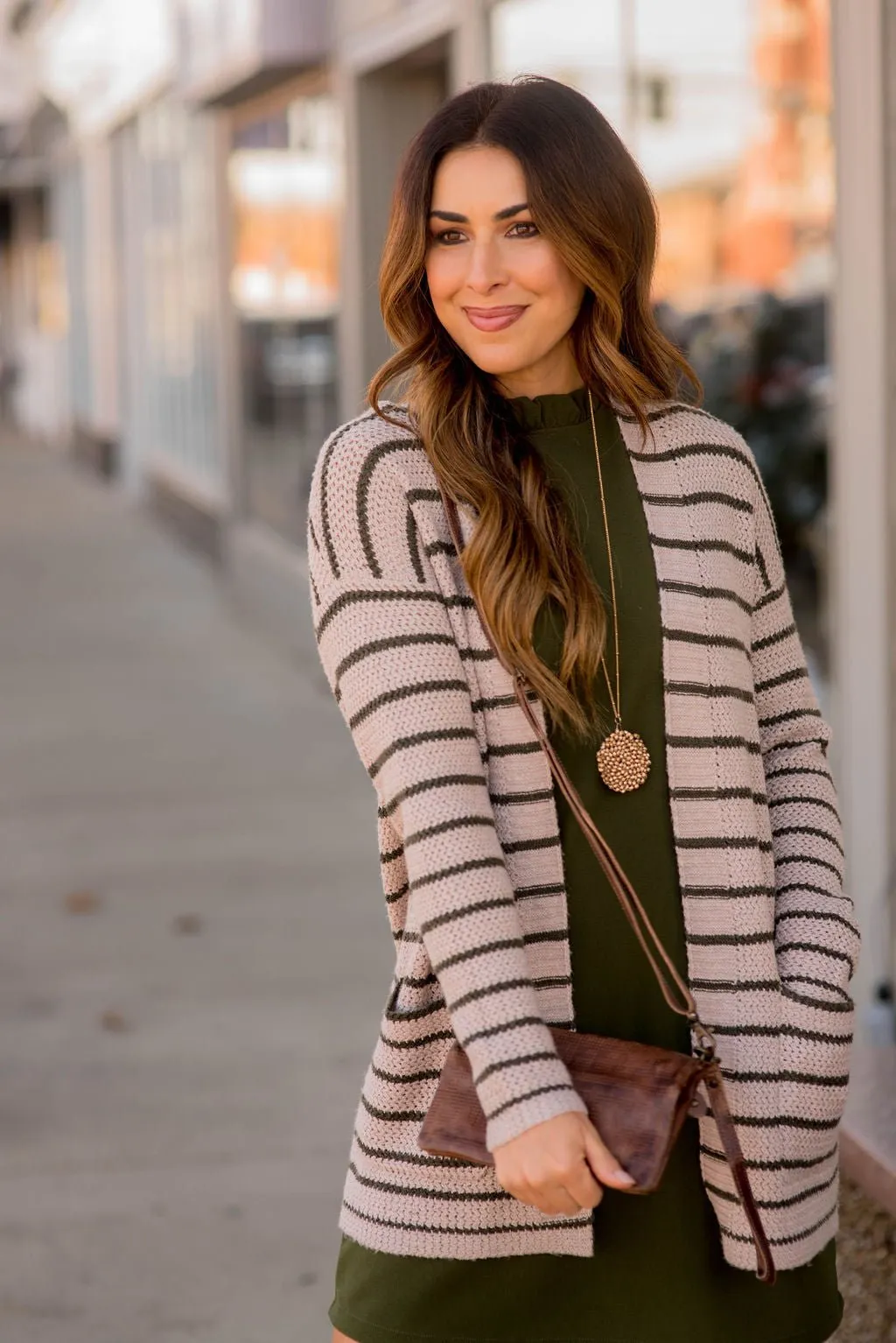 Thin Olive Striped Knit Tunic Cardigan