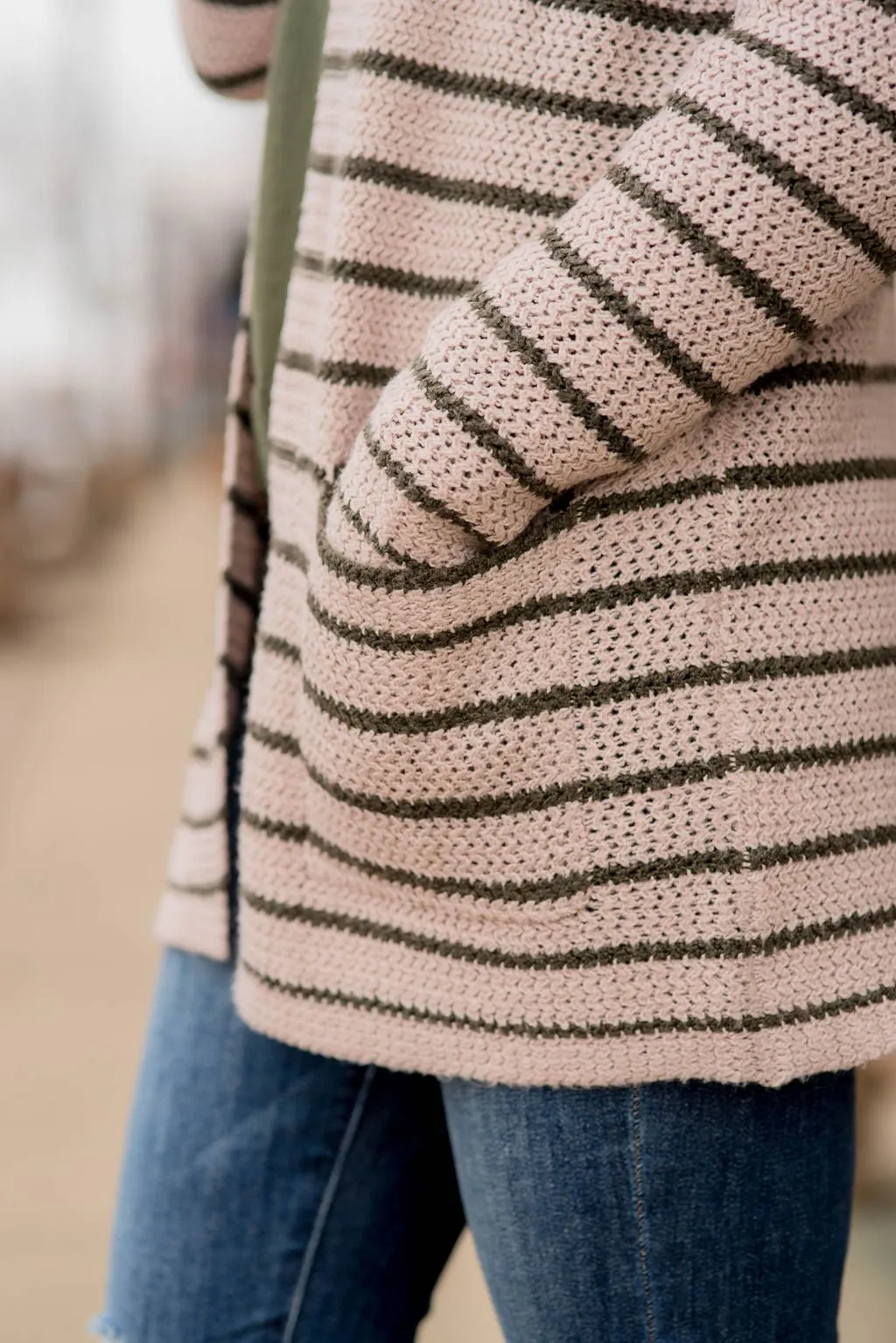 Thin Olive Striped Knit Tunic Cardigan