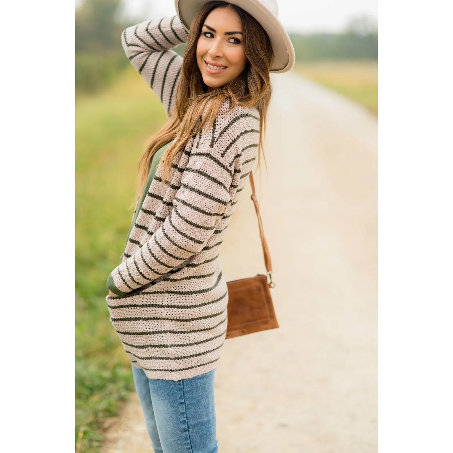 Thin Olive Striped Knit Tunic Cardigan