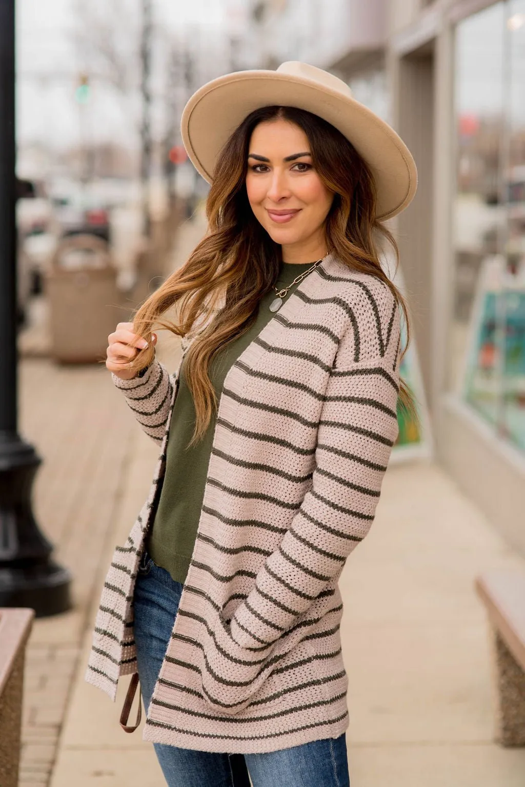 Thin Olive Striped Knit Tunic Cardigan