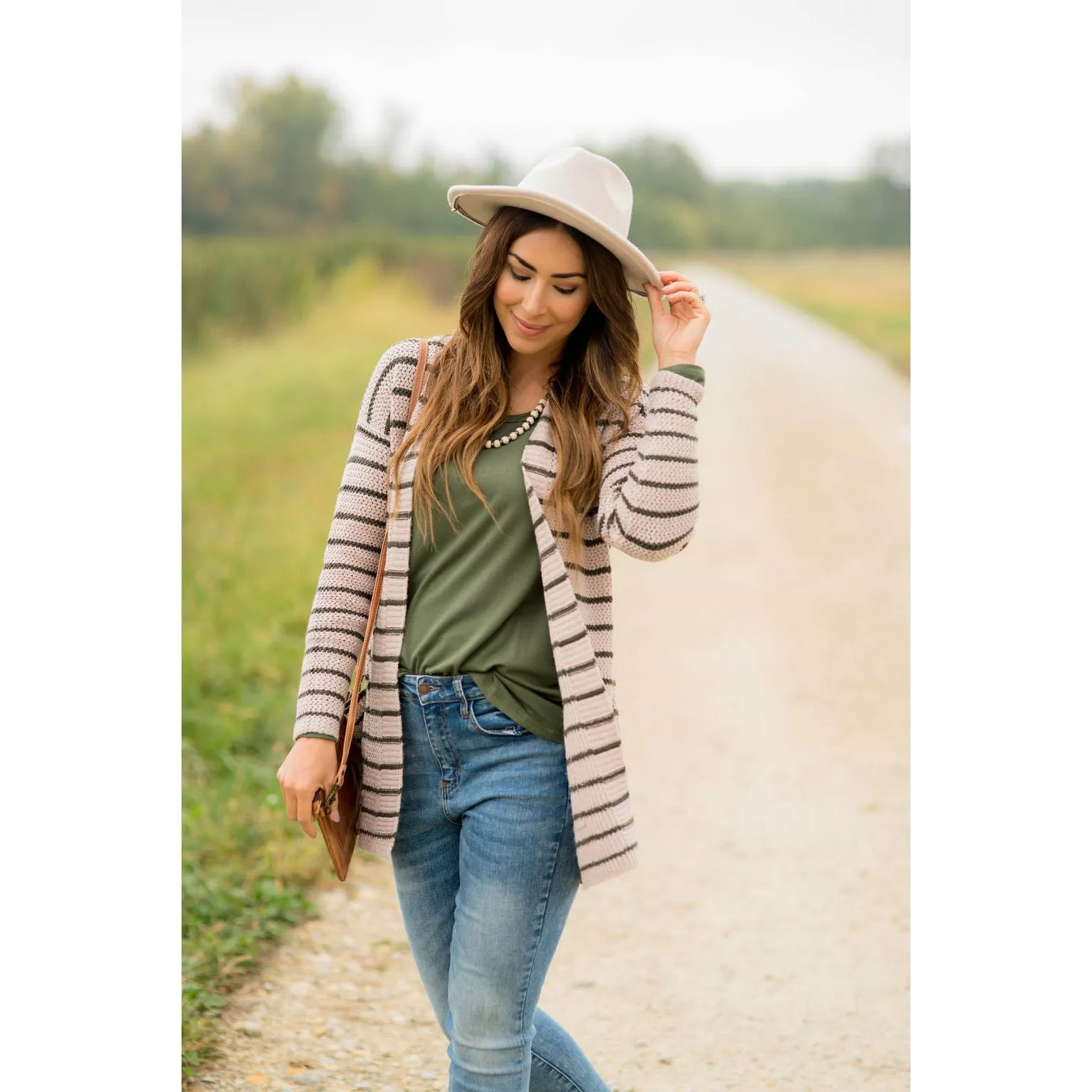 Thin Olive Striped Knit Tunic Cardigan