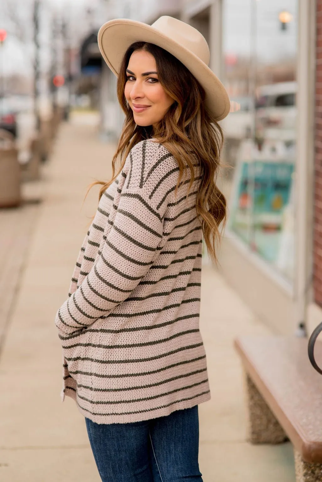 Thin Olive Striped Knit Tunic Cardigan