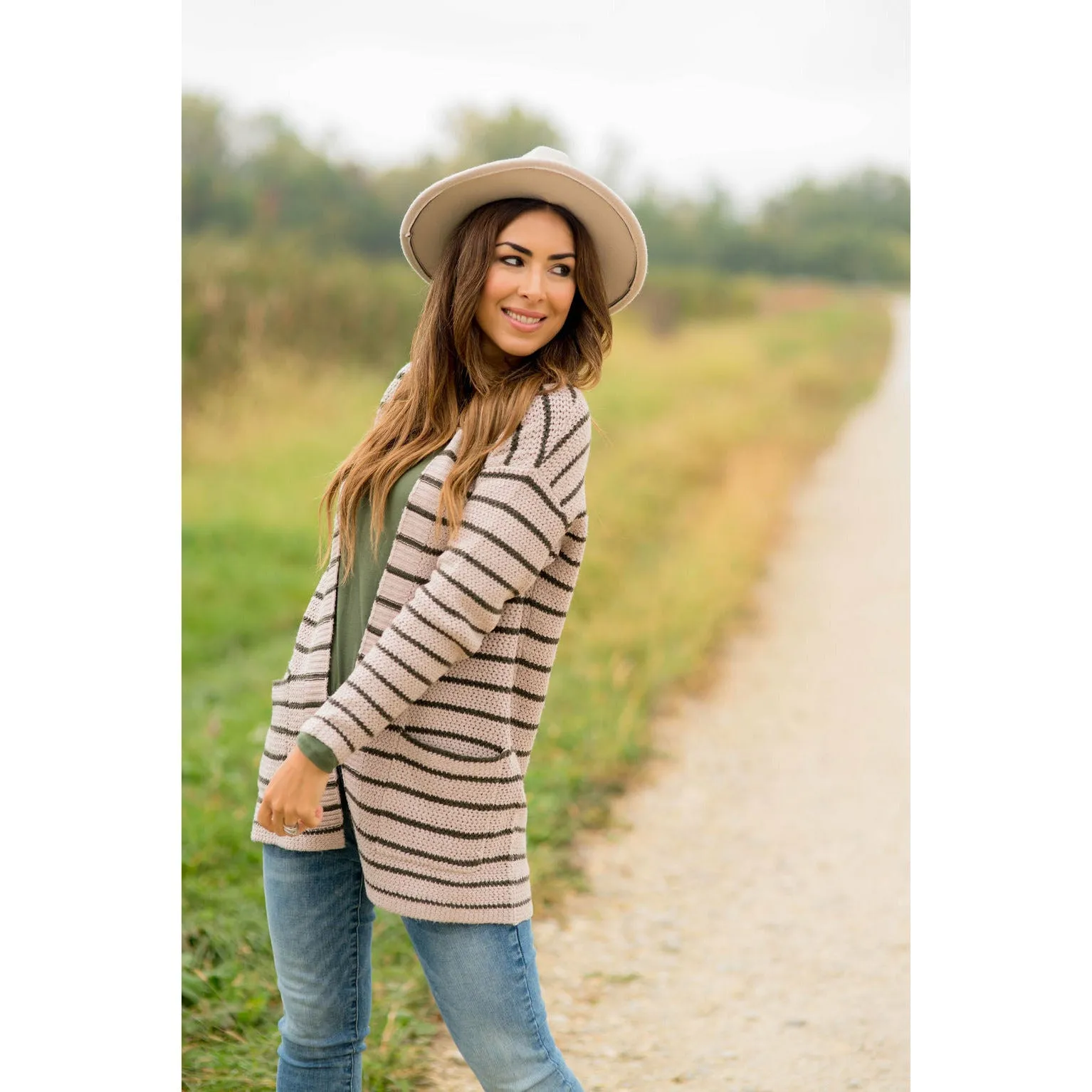 Thin Olive Striped Knit Tunic Cardigan