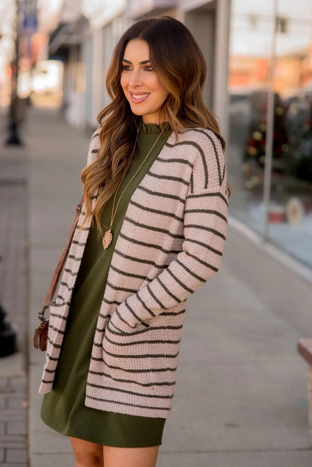 Thin Olive Striped Knit Tunic Cardigan