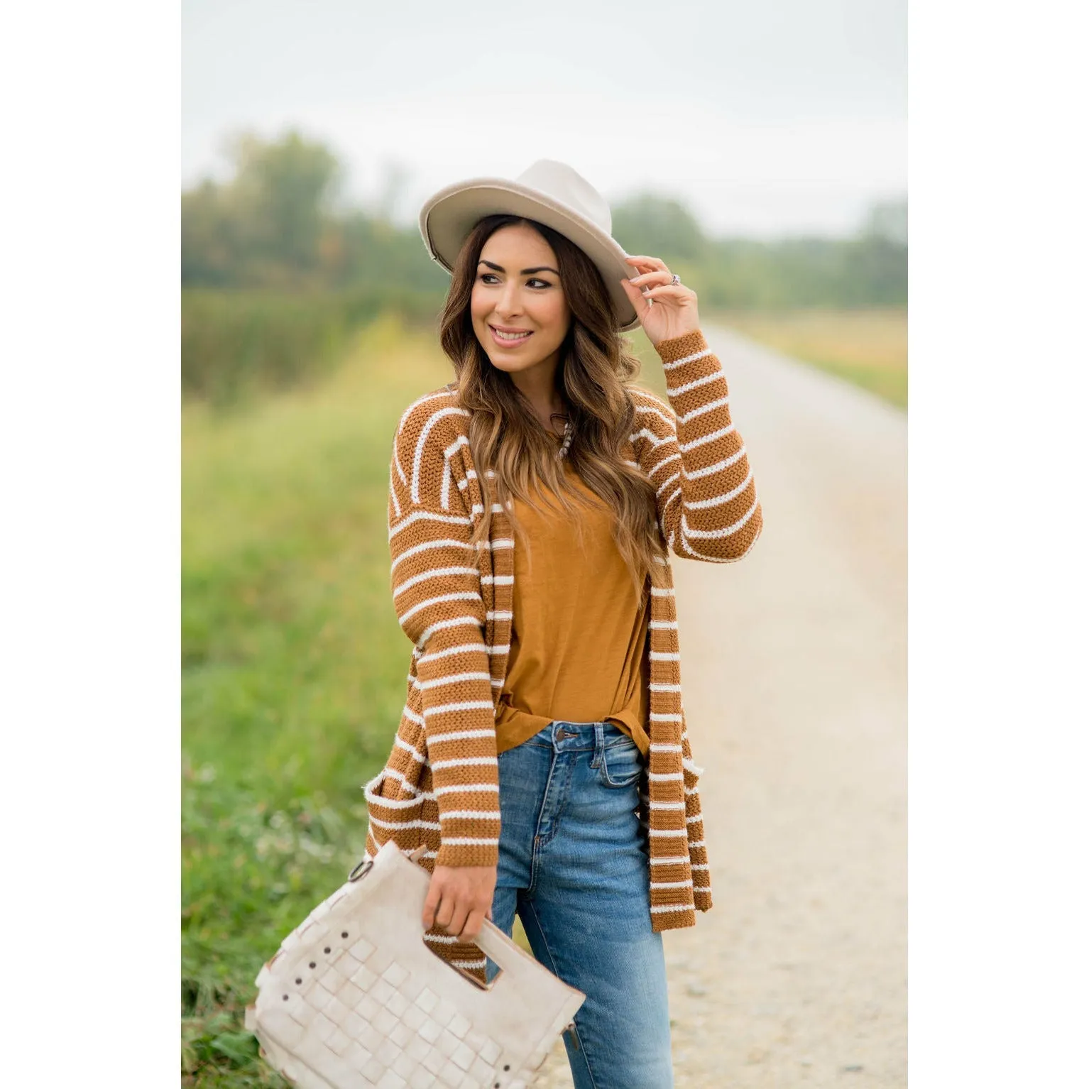 Thin Striped Knit Tunic Cardigan