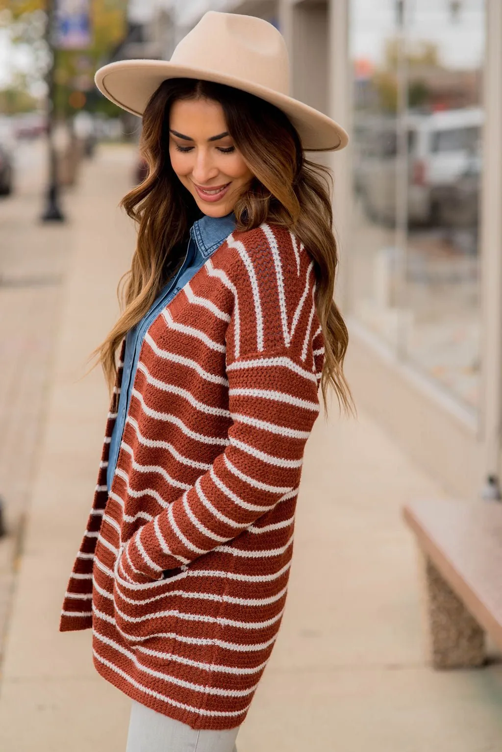 Thin Striped Knit Tunic Cardigan